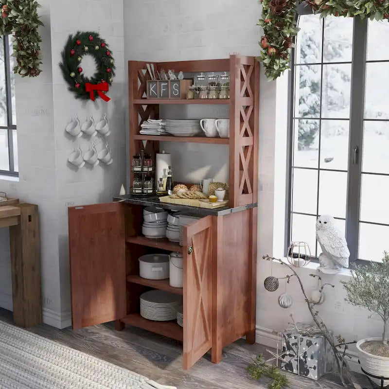 Vaisselier de cuisine rustique de style ferme en noyer vintage avec plusieurs rangements (assemblage par 2 personnes)