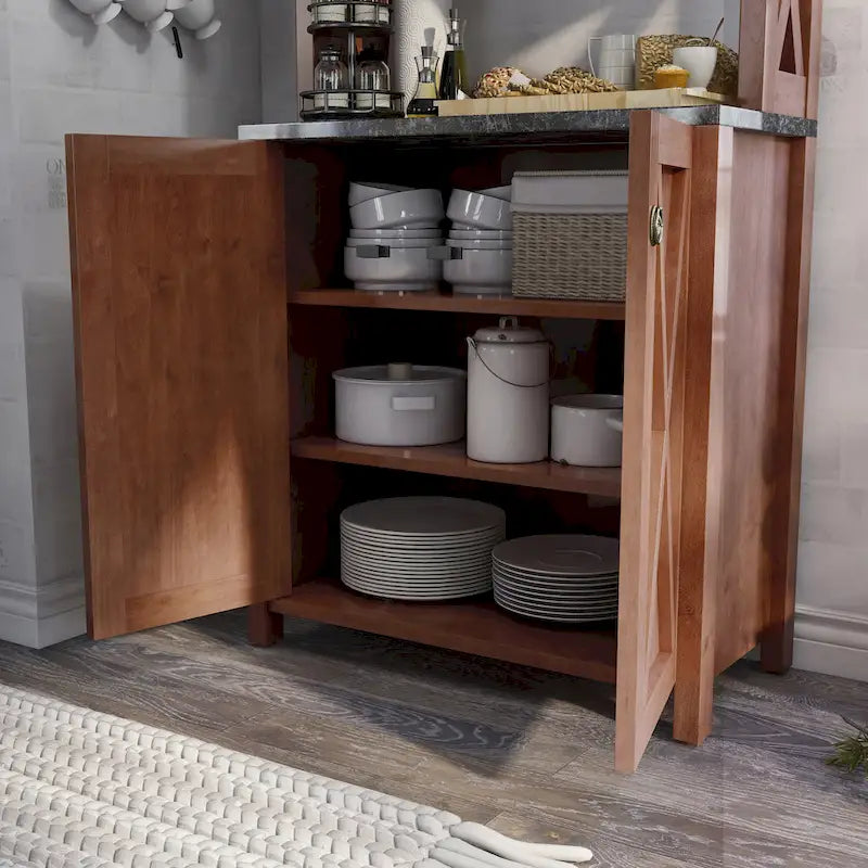 Vaisselier de cuisine rustique de style ferme en noyer vintage avec plusieurs rangements (assemblage par 2 personnes)