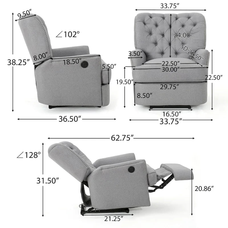 Fauteuil inclinable électrique en tissu capitonné – Capitonnage, Clous décoratifs, Monoplace, Multicolore