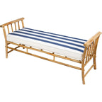 Banc incurvé en bambou marron, 2 places, coussins rayés bleus et blancs