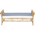 Banc incurvé en bambou marron, 2 places, coussins rayés bleus et blancs