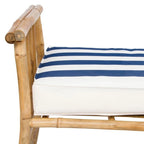 Banc incurvé en bambou marron, 2 places, coussins rayés bleus et blancs