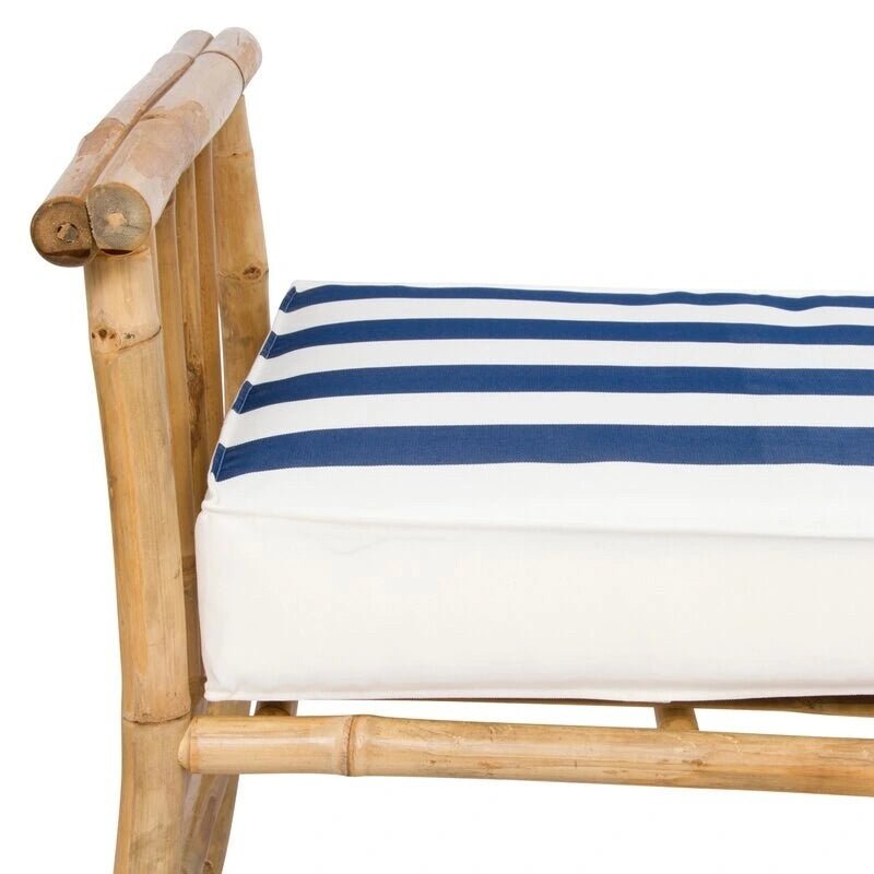 Banc incurvé en bambou marron, 2 places, coussins rayés bleus et blancs