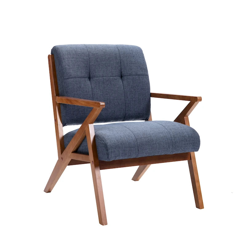Fauteuil d'appoint 1 place en tissu capitonné bleu/gris avec accoudoirs en bois