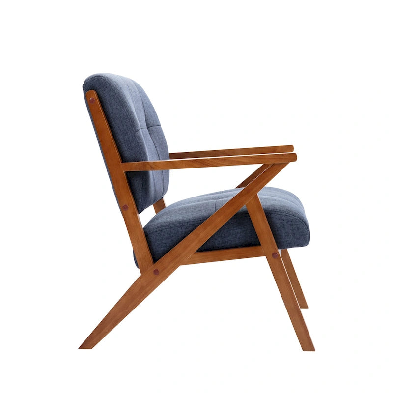 Fauteuil d'appoint 1 place en tissu capitonné bleu/gris avec accoudoirs en bois