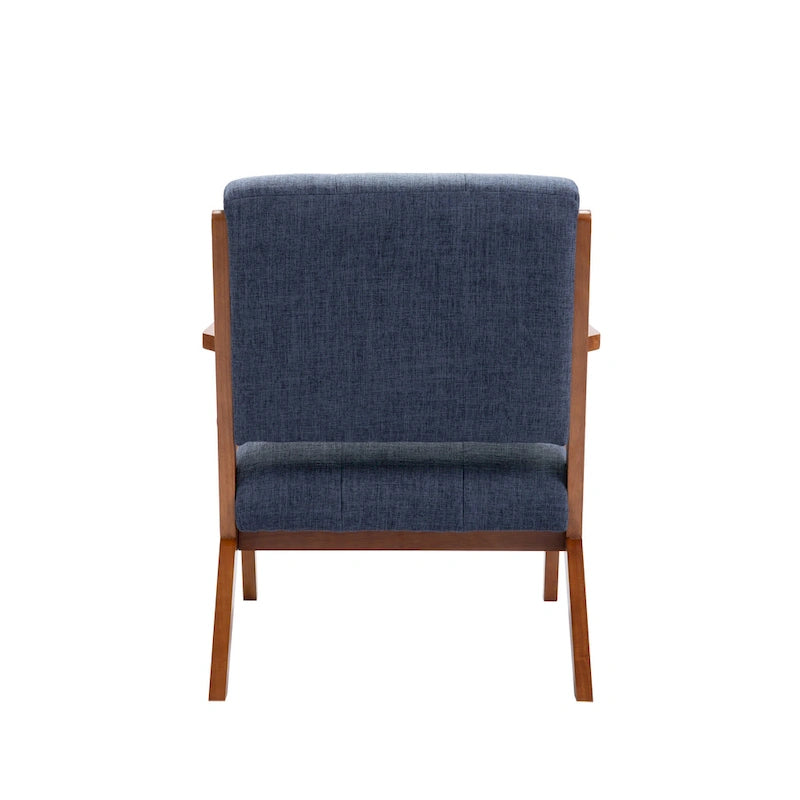 Fauteuil d'appoint 1 place en tissu capitonné bleu/gris avec accoudoirs en bois