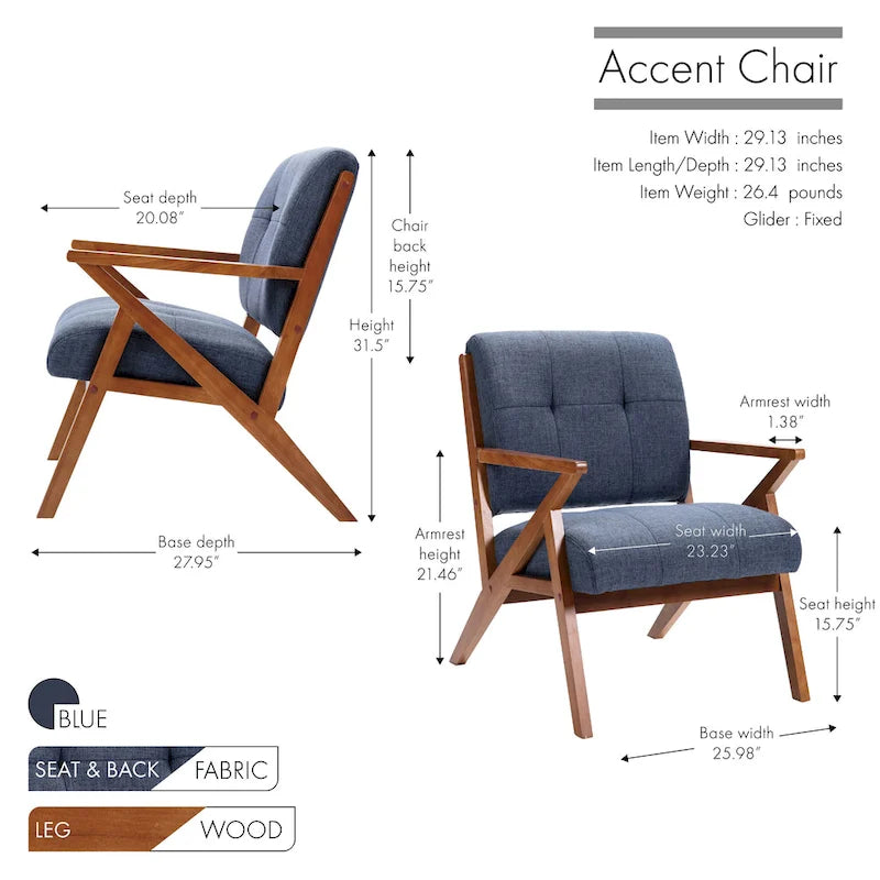 Fauteuil d'appoint 1 place en tissu capitonné bleu/gris avec accoudoirs en bois