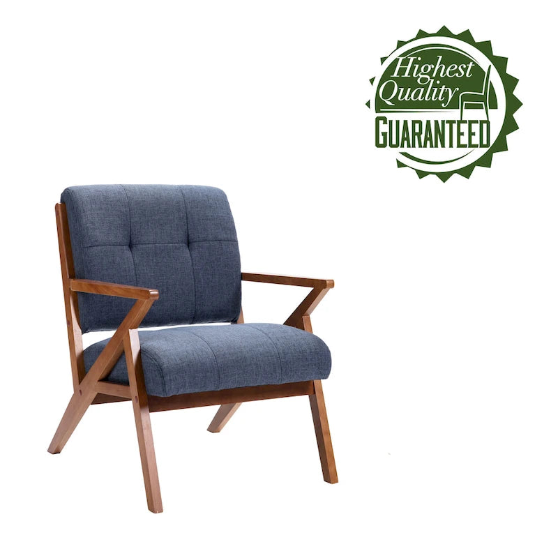 Fauteuil d'appoint 1 place en tissu capitonné bleu/gris avec accoudoirs en bois