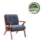 Fauteuil d'appoint 1 place en tissu capitonné bleu/gris avec accoudoirs en bois
