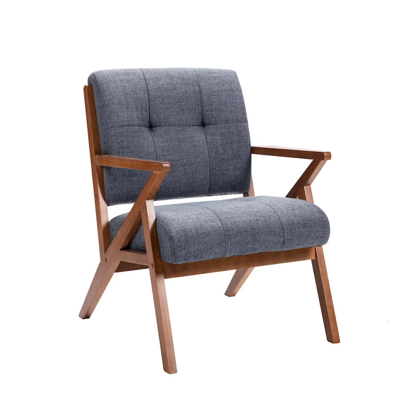 Fauteuil d'appoint 1 place en tissu capitonné bleu/gris avec accoudoirs en bois