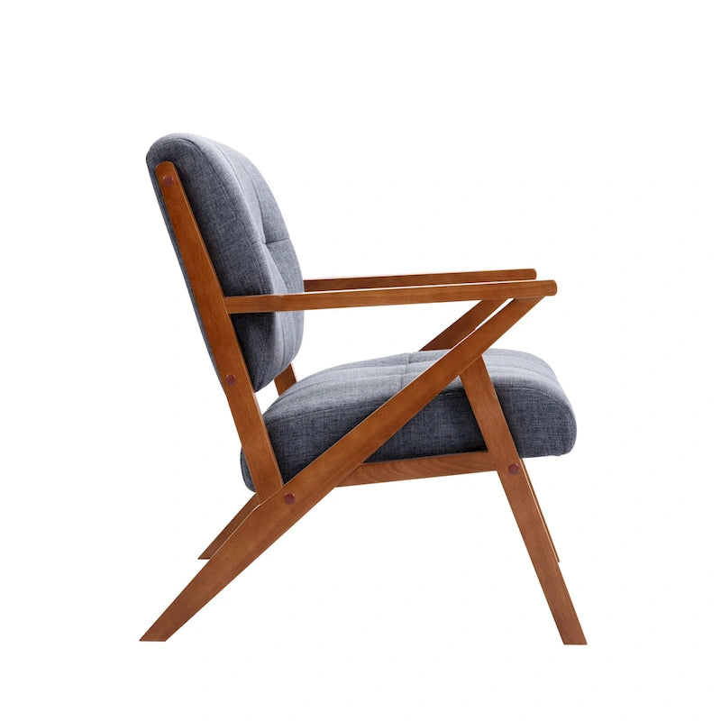Fauteuil d'appoint 1 place en tissu capitonné bleu/gris avec accoudoirs en bois