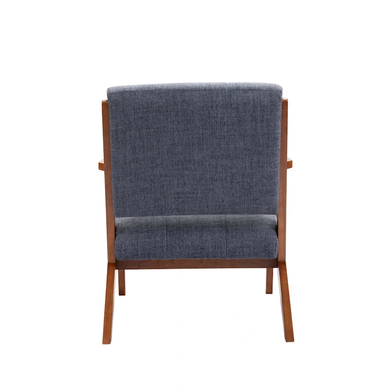 Fauteuil d'appoint 1 place en tissu capitonné bleu/gris avec accoudoirs en bois