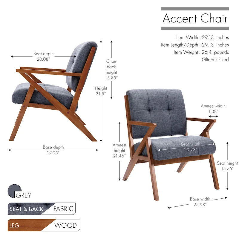 Fauteuil d'appoint 1 place en tissu capitonné bleu/gris avec accoudoirs en bois