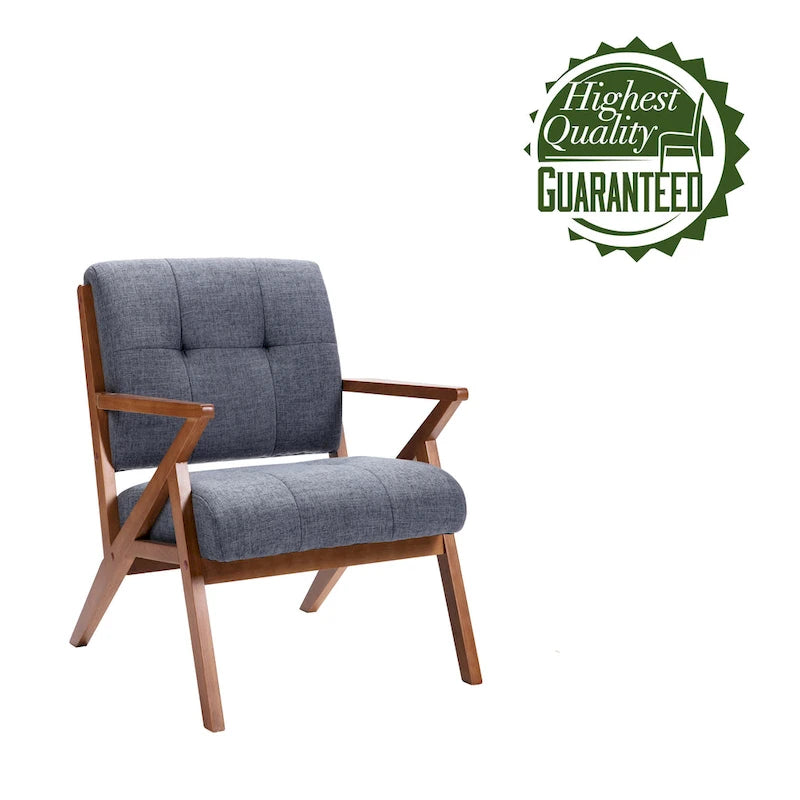 Fauteuil d'appoint 1 place en tissu capitonné bleu/gris avec accoudoirs en bois