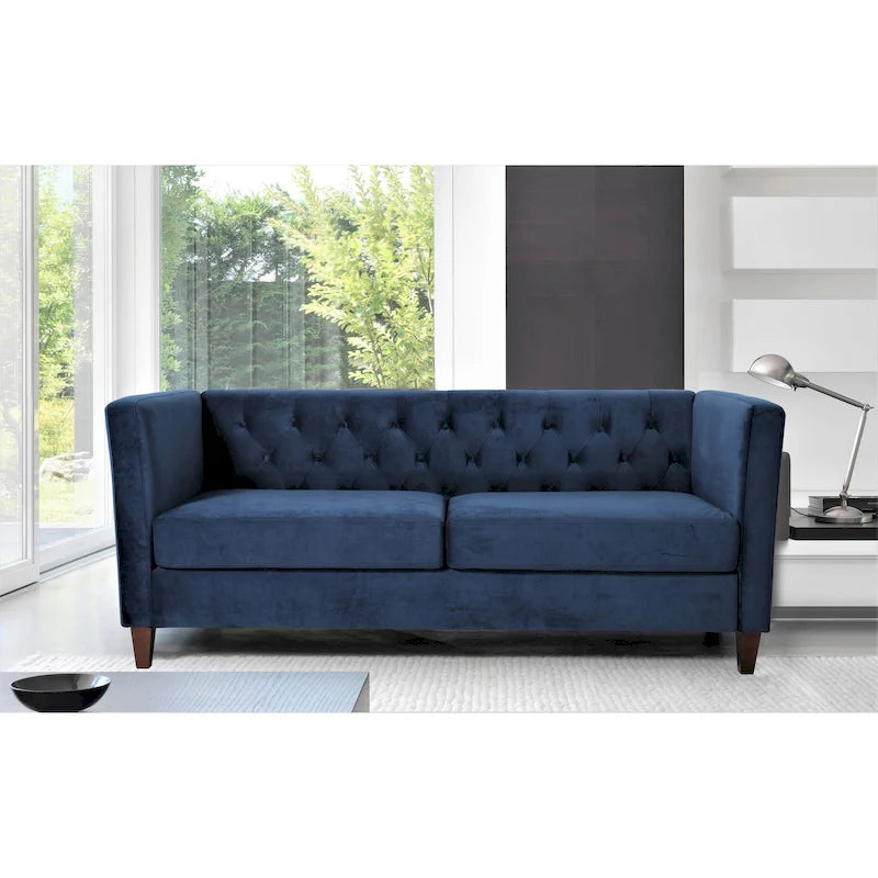 Canapé 2 places en velours ivoire/multicolore à accoudoirs carrés