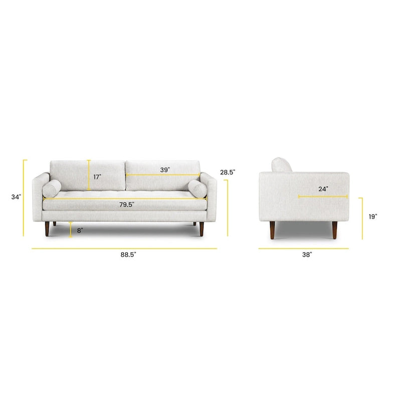 Canapé 3 places en tissu capitonné avec traversins et pieds en noyer — Plusieurs coloris