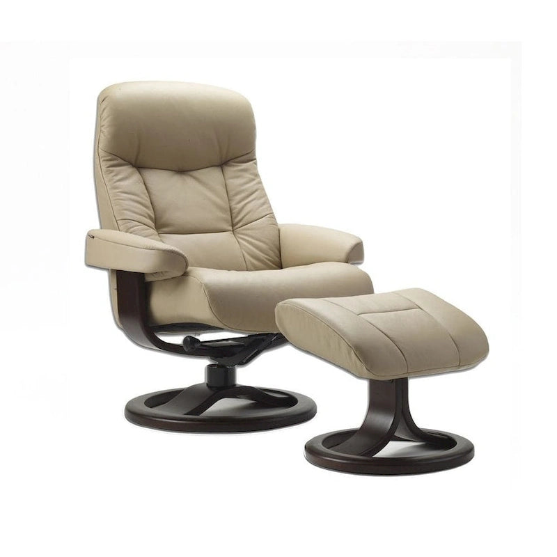 Fauteuil inclinable pivotant en cuir et ottoman — Sandel / Colombe, Piètement chocolat, Petit / Grand, 1 personne