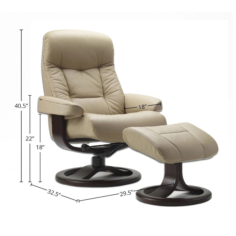 Fauteuil inclinable pivotant en cuir et ottoman — Sandel / Colombe, Piètement chocolat, Petit / Grand, 1 personne