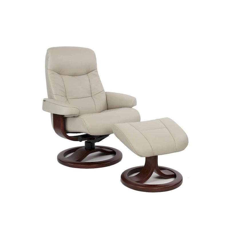 Fauteuil inclinable pivotant en cuir et ottoman — Sandel / Colombe, Piètement chocolat, Petit / Grand, 1 personne