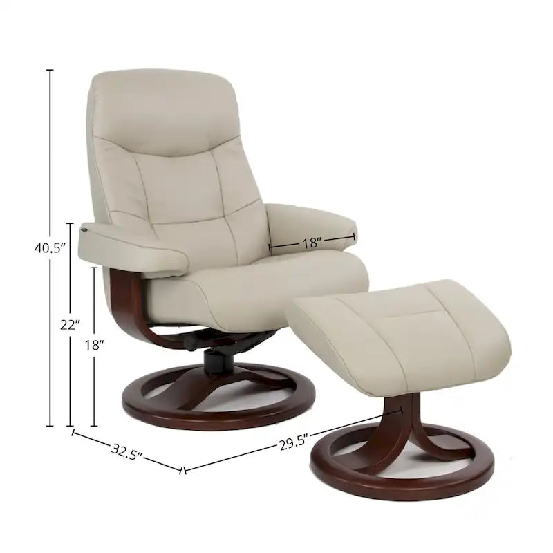 Fauteuil inclinable pivotant en cuir et ottoman — Sandel / Colombe, Piètement chocolat, Petit / Grand, 1 personne