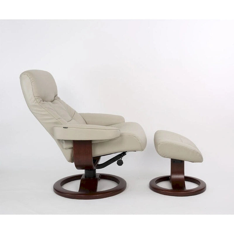 Fauteuil inclinable pivotant en cuir et ottoman — Sandel / Colombe, Piètement chocolat, Petit / Grand, 1 personne