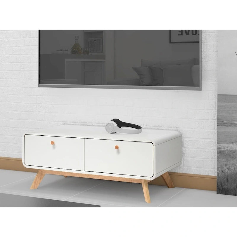Meuble TV blanc de style Mid-Century avec 2 tiroirs, convient aux téléviseurs jusqu'à 60 pouces