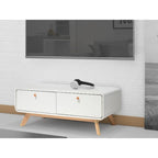 Meuble TV blanc de style Mid-Century avec 2 tiroirs, convient aux téléviseurs jusqu'à 60 pouces