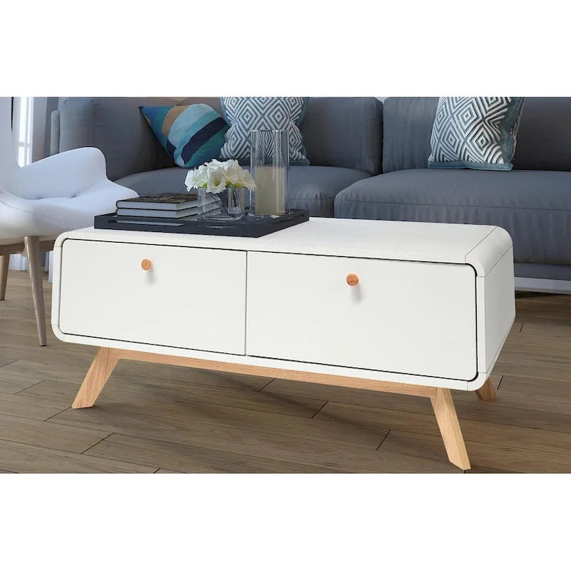 Meuble TV blanc de style Mid-Century avec 2 tiroirs, convient aux téléviseurs jusqu'à 60 pouces