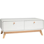 Meuble TV blanc de style Mid-Century avec 2 tiroirs, convient aux téléviseurs jusqu'à 60 pouces
