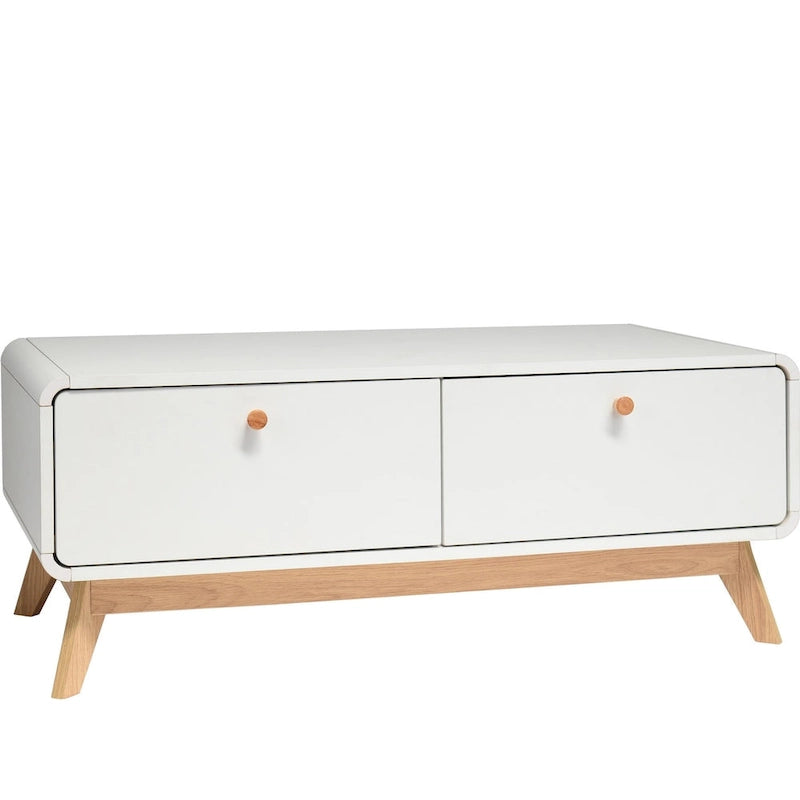 Meuble TV blanc de style Mid-Century avec 2 tiroirs, convient aux téléviseurs jusqu'à 60 pouces