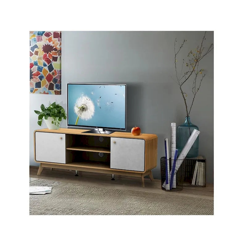 Meuble TV blanc de style Mid-Century avec 2 tiroirs, convient aux téléviseurs jusqu'à 60 pouces