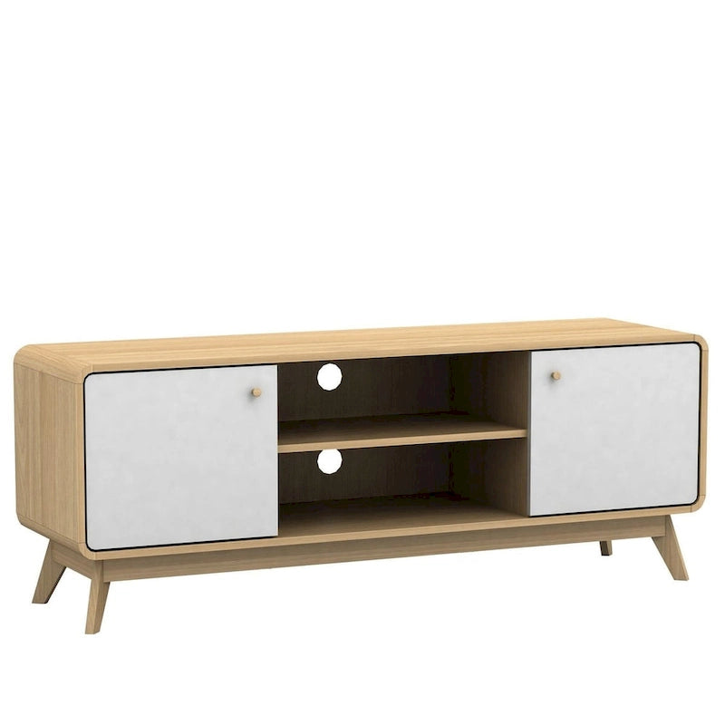 Meuble TV blanc de style Mid-Century avec 2 tiroirs, convient aux téléviseurs jusqu'à 60 pouces