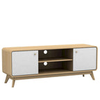 Meuble TV blanc de style Mid-Century avec 2 tiroirs, convient aux téléviseurs jusqu'à 60 pouces