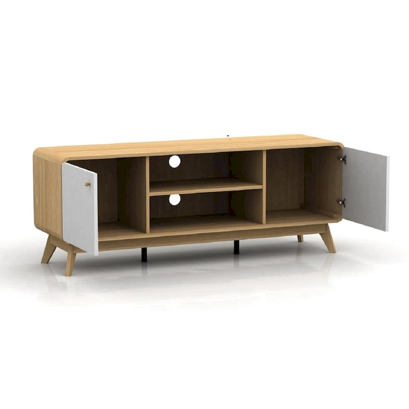 Meuble TV blanc de style Mid-Century avec 2 tiroirs, convient aux téléviseurs jusqu'à 60 pouces