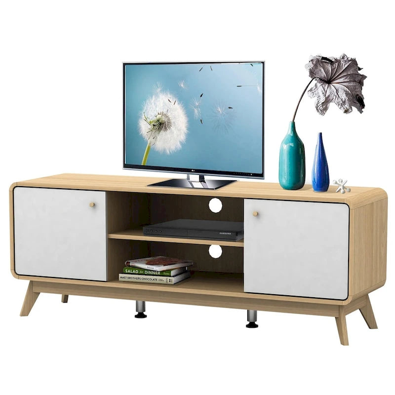Meuble TV blanc de style Mid-Century avec 2 tiroirs, convient aux téléviseurs jusqu'à 60 pouces