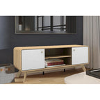 Meuble TV blanc de style Mid-Century avec 2 tiroirs, convient aux téléviseurs jusqu'à 60 pouces