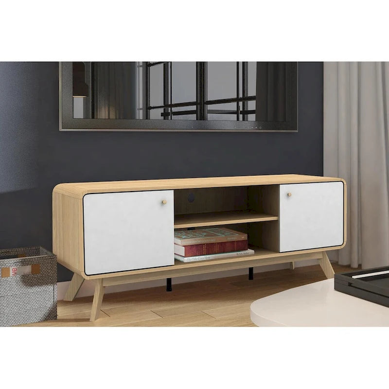Meuble TV blanc de style Mid-Century avec 2 tiroirs, convient aux téléviseurs jusqu'à 60 pouces