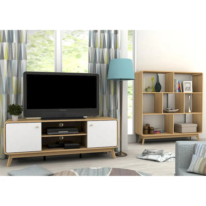Meuble TV blanc de style Mid-Century avec 2 tiroirs, convient aux téléviseurs jusqu'à 60 pouces