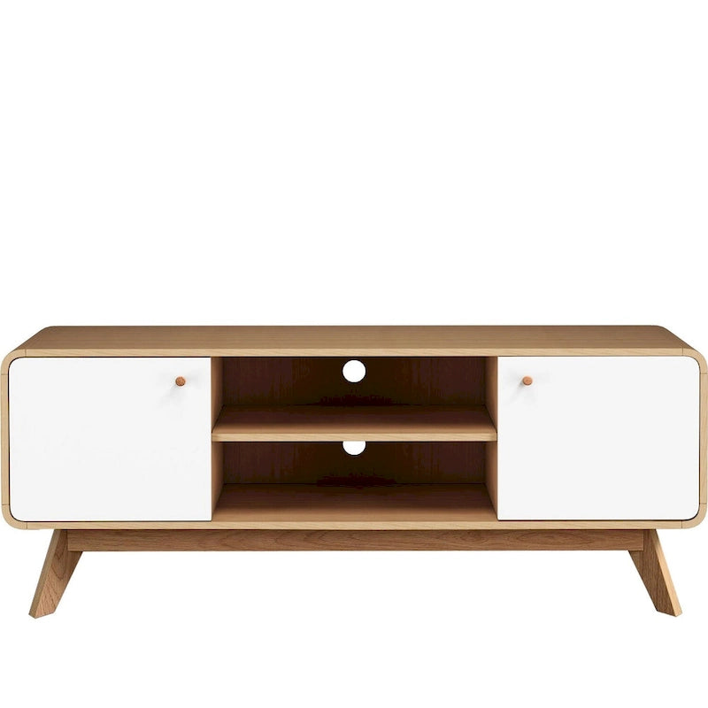 Meuble TV blanc de style Mid-Century avec 2 tiroirs, convient aux téléviseurs jusqu'à 60 pouces