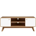 Meuble TV blanc de style Mid-Century avec 2 tiroirs, convient aux téléviseurs jusqu'à 60 pouces