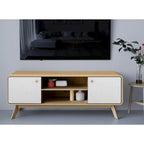 Meuble TV blanc de style Mid-Century avec 2 tiroirs, convient aux téléviseurs jusqu'à 60 pouces