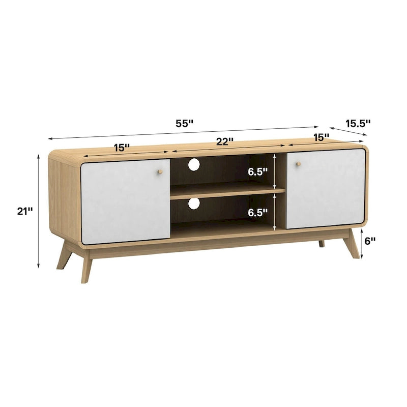 Meuble TV blanc de style Mid-Century avec 2 tiroirs, convient aux téléviseurs jusqu'à 60 pouces