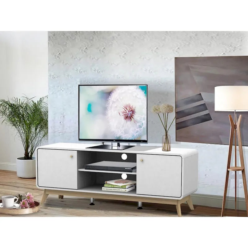 Meuble TV blanc de style Mid-Century avec 2 tiroirs, convient aux téléviseurs jusqu'à 60 pouces
