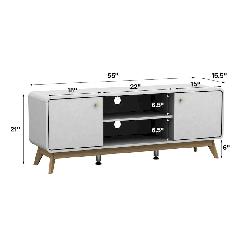 Meuble TV blanc de style Mid-Century avec 2 tiroirs, convient aux téléviseurs jusqu'à 60 pouces