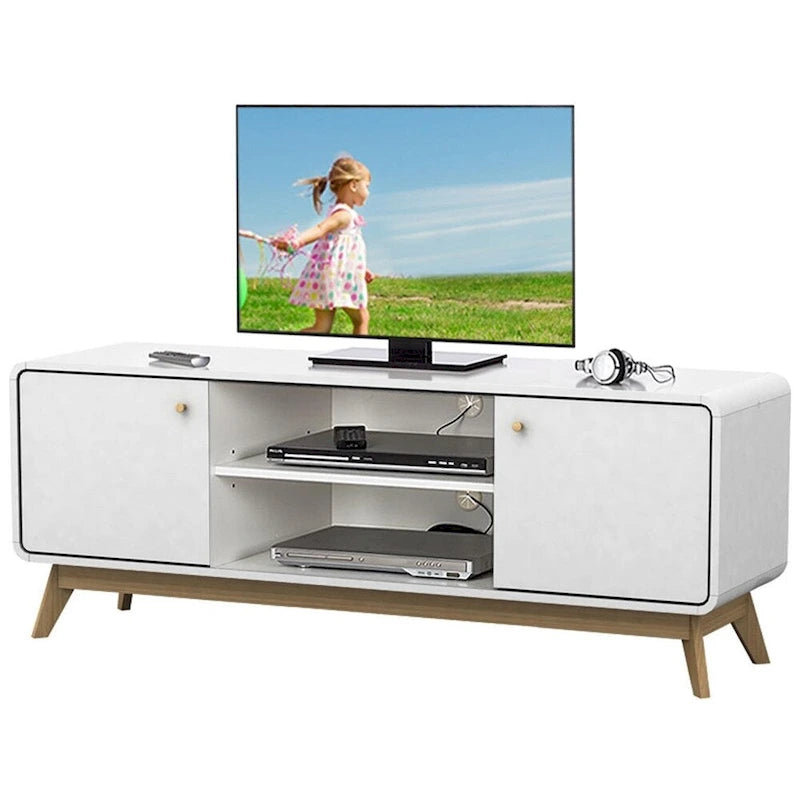 Meuble TV blanc de style Mid-Century avec 2 tiroirs, convient aux téléviseurs jusqu'à 60 pouces