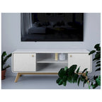 Meuble TV blanc de style Mid-Century avec 2 tiroirs, convient aux téléviseurs jusqu'à 60 pouces