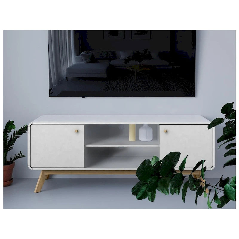 Meuble TV blanc de style Mid-Century avec 2 tiroirs, convient aux téléviseurs jusqu'à 60 pouces