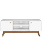 Meuble TV blanc de style Mid-Century avec 2 tiroirs, convient aux téléviseurs jusqu'à 60 pouces