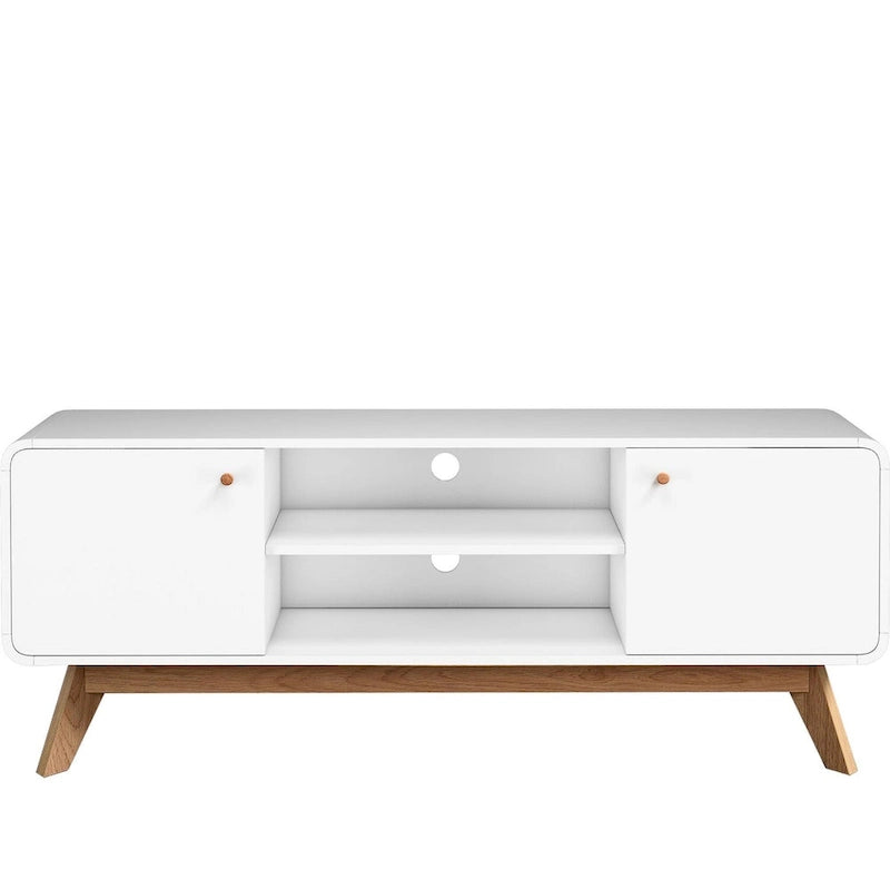 Meuble TV blanc de style Mid-Century avec 2 tiroirs, convient aux téléviseurs jusqu'à 60 pouces