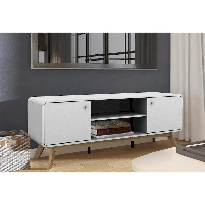 Meuble TV blanc de style Mid-Century avec 2 tiroirs, convient aux téléviseurs jusqu'à 60 pouces
